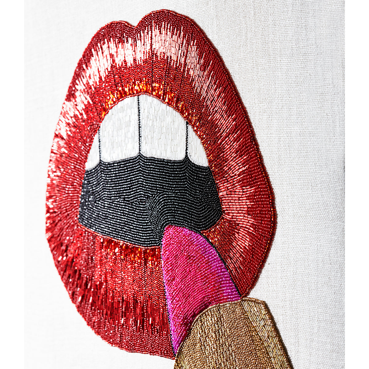 lipstick beaded wall art glass beads red gold pink - detail view