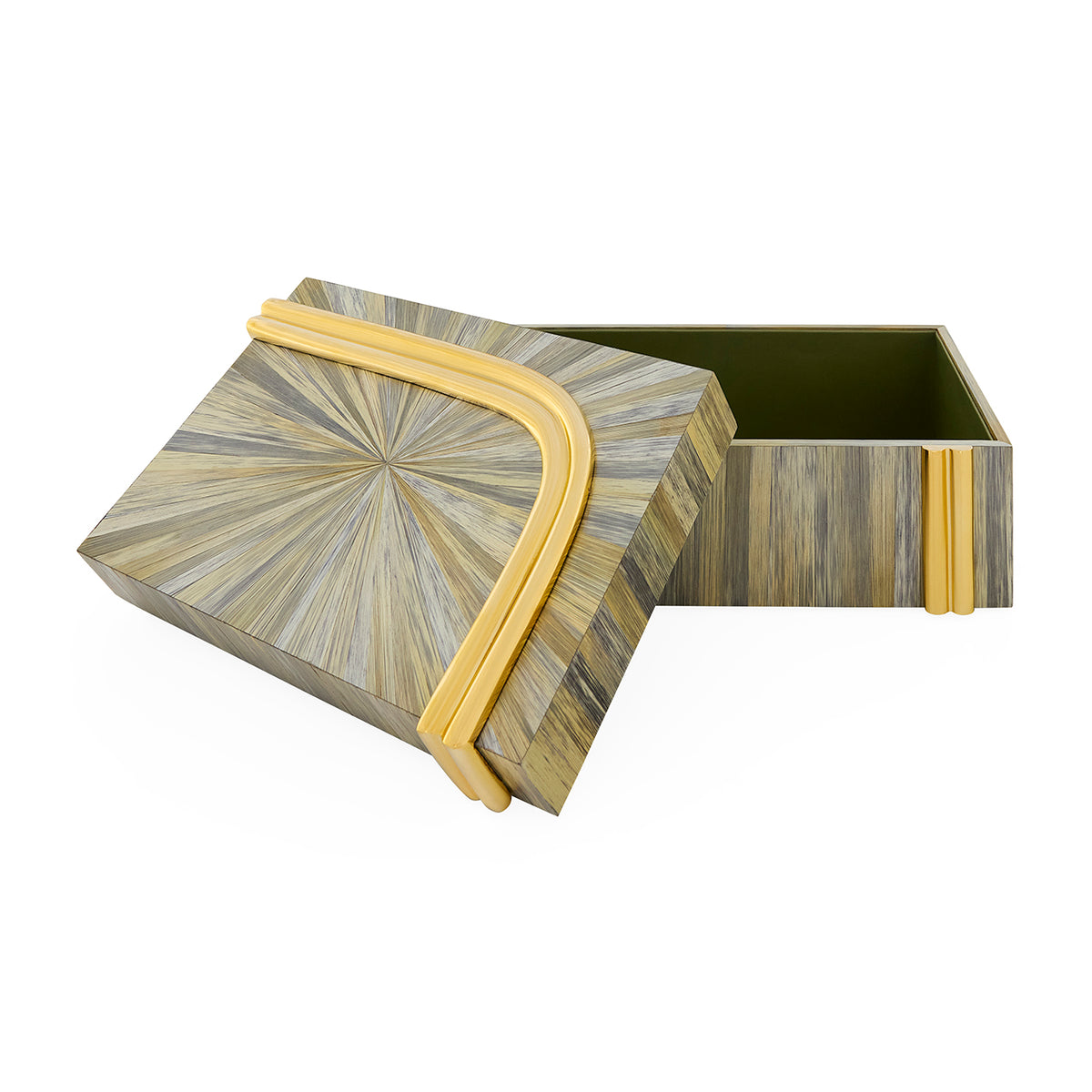 Decorative box with starburst pattern and gold accents on a white background