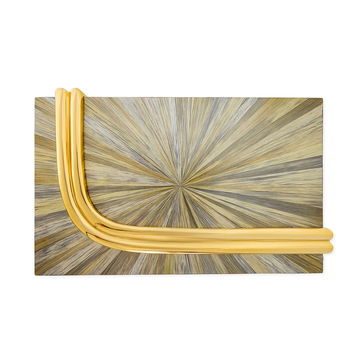 Clutch bag with a gold strap and starburst pattern on a white background