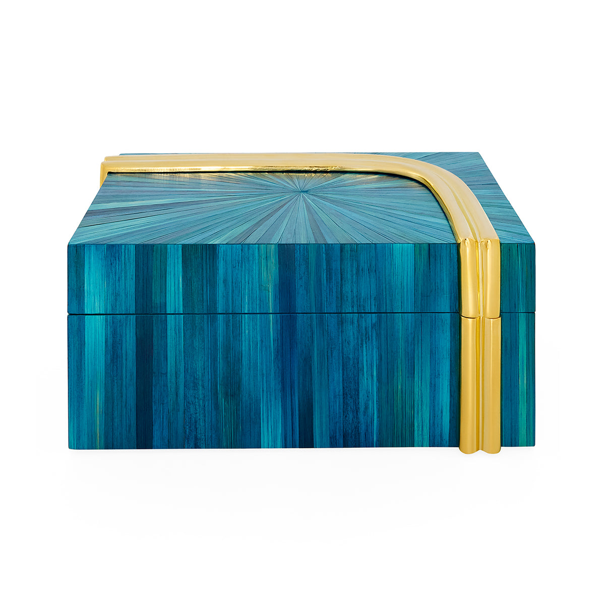 Blue jewelry box with gold accents on a white background