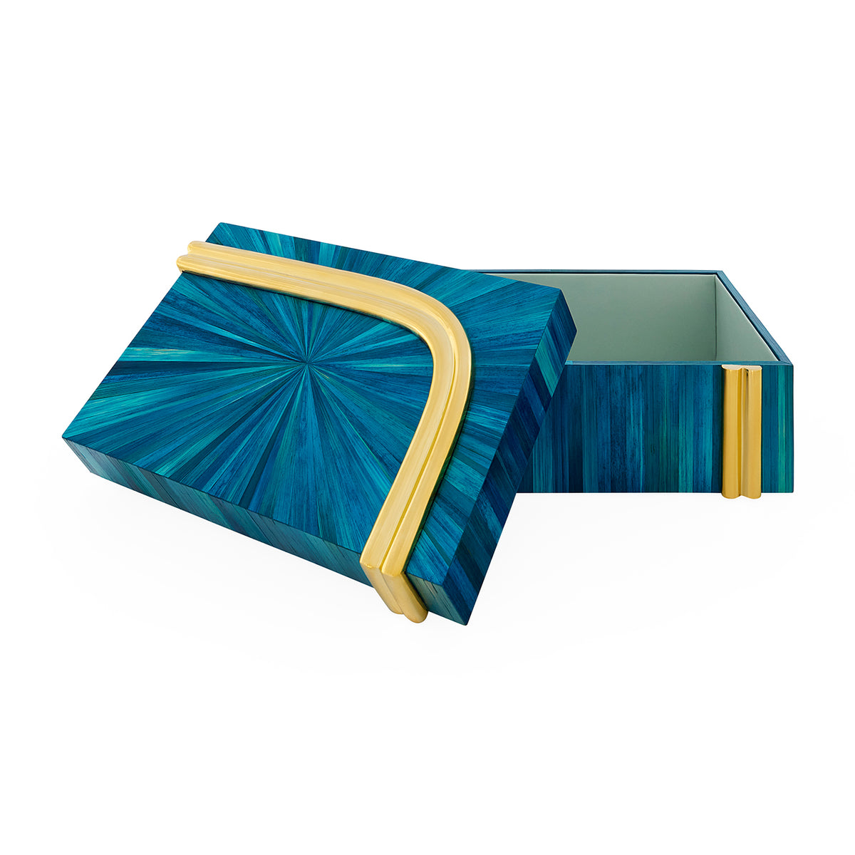 Blue decorative box with gold accents on a white background
