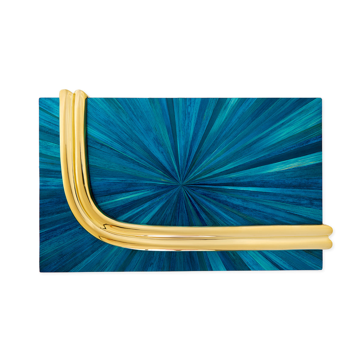 Blue clutch with gold handle on a white background