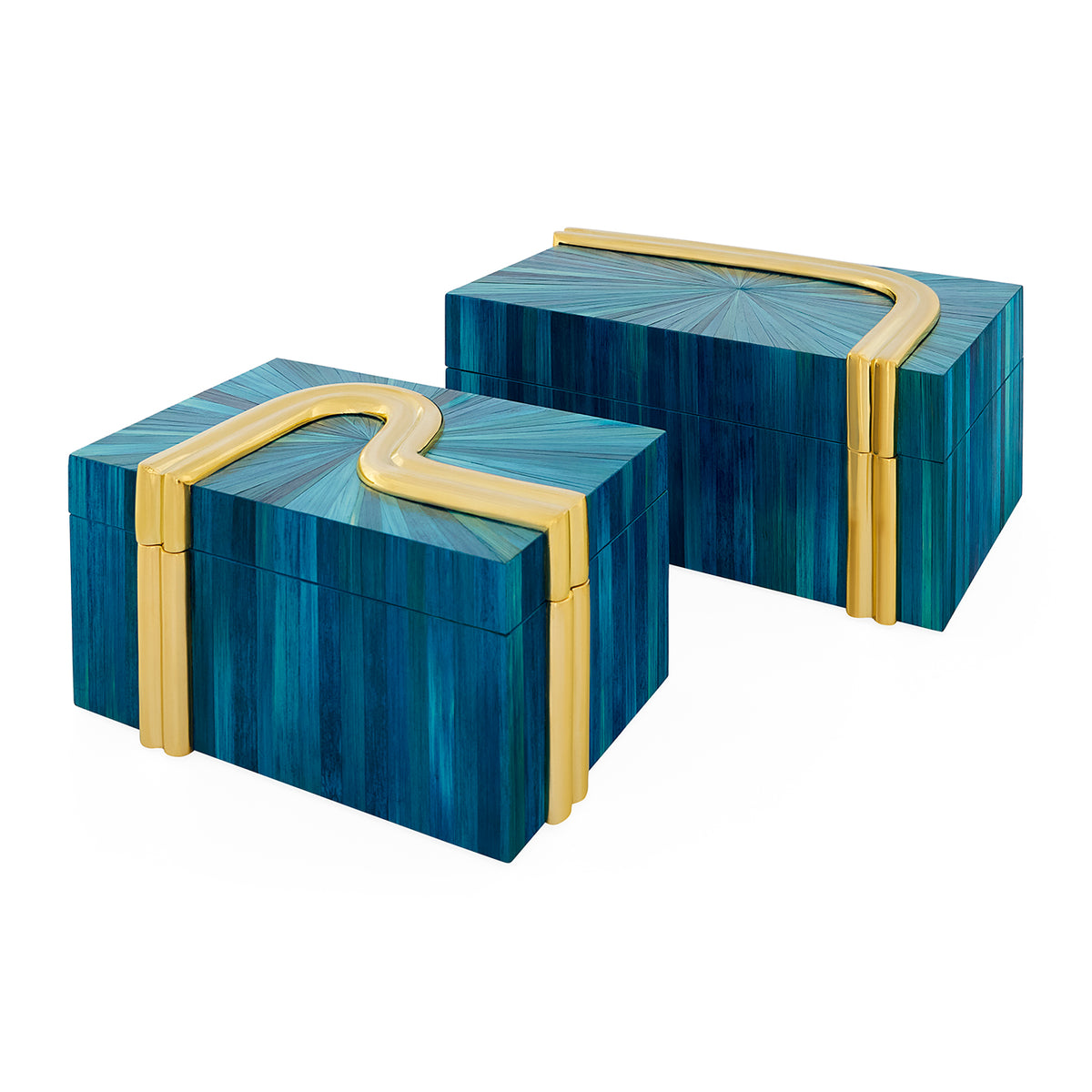 Two blue jewelry boxes with gold handles on a white background
