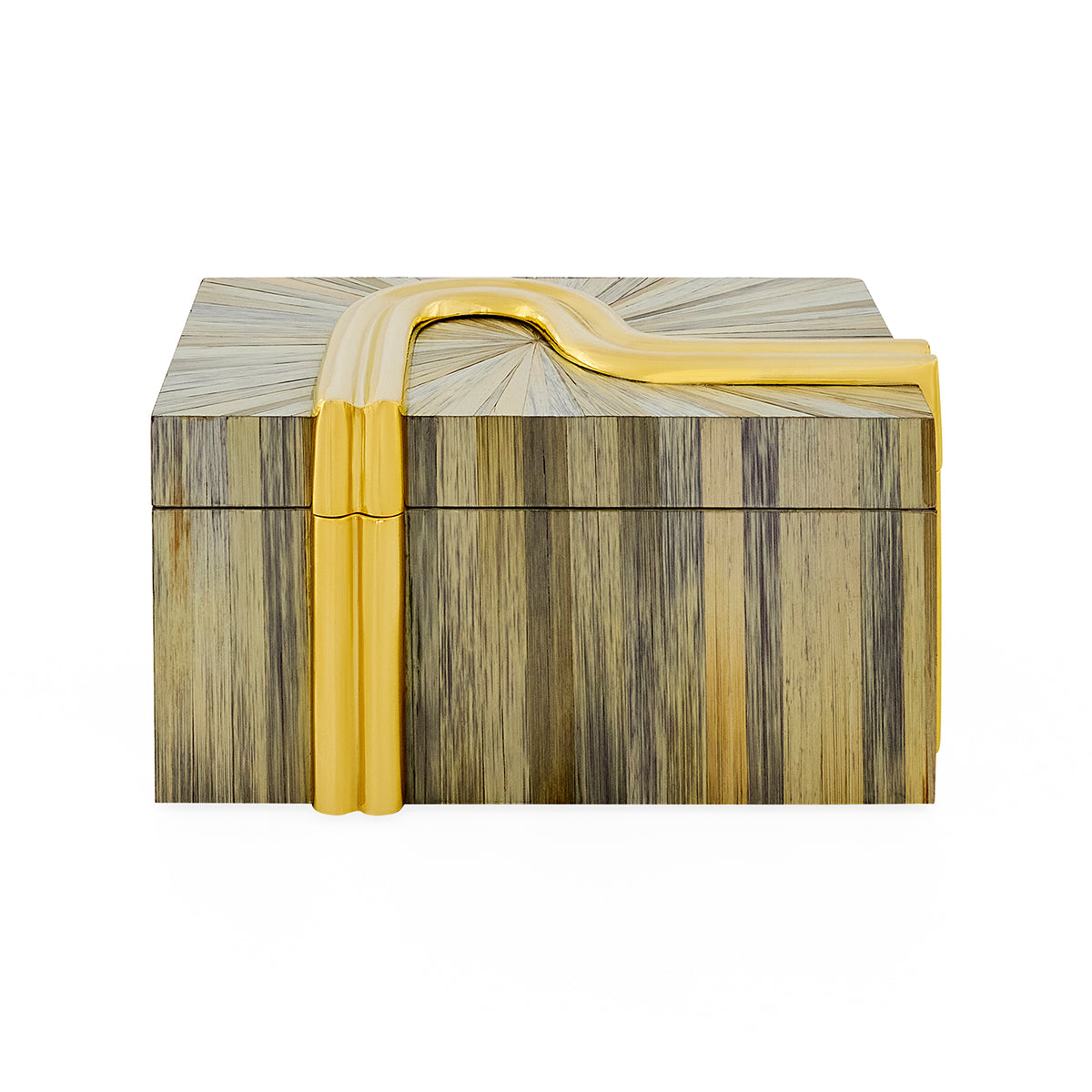 Decorative box with gold handle and striped pattern on a white background