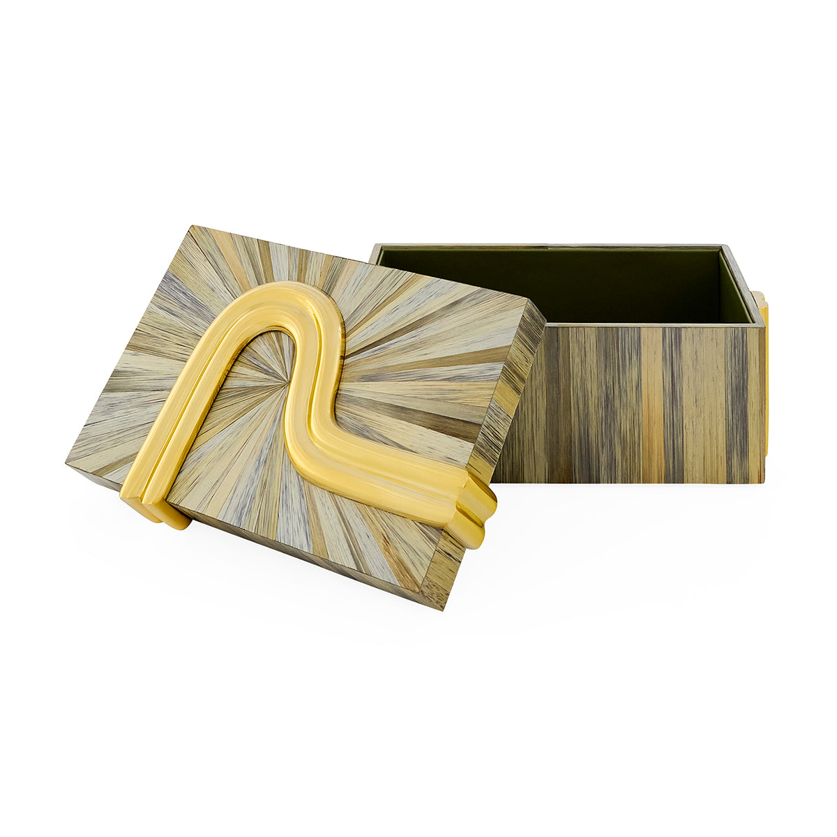 Decorative box with a gold handle on a white background
