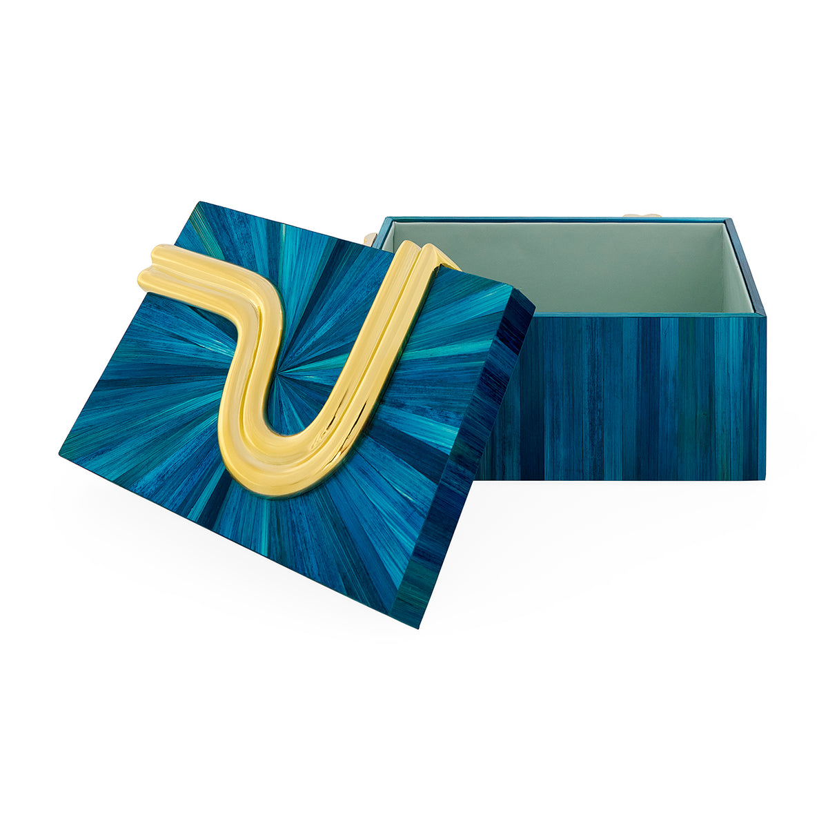 Blue decorative box with a yellow handle on a white background