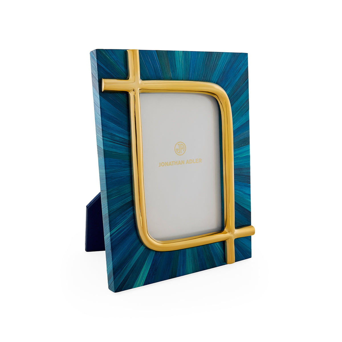 Blue and gold photo frame with Jonathan Adler logo on a white background