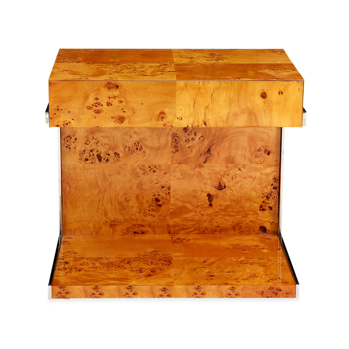 bond cantilevered side table burl wood stainless steel frame - side view