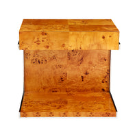bond cantilevered side table burl wood stainless steel frame - side view