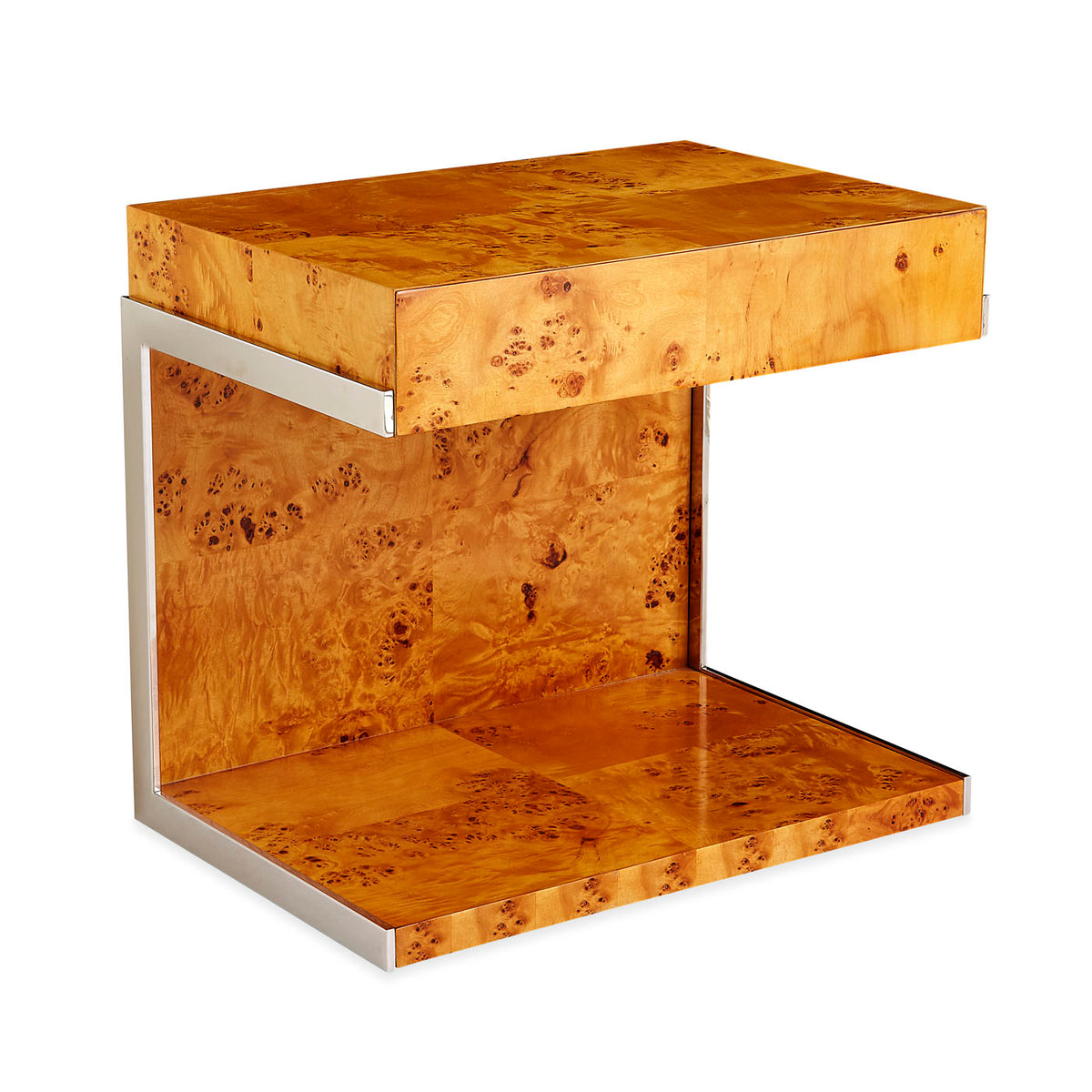 bond cantilevered side table burl wood stainless steel frame - angle view