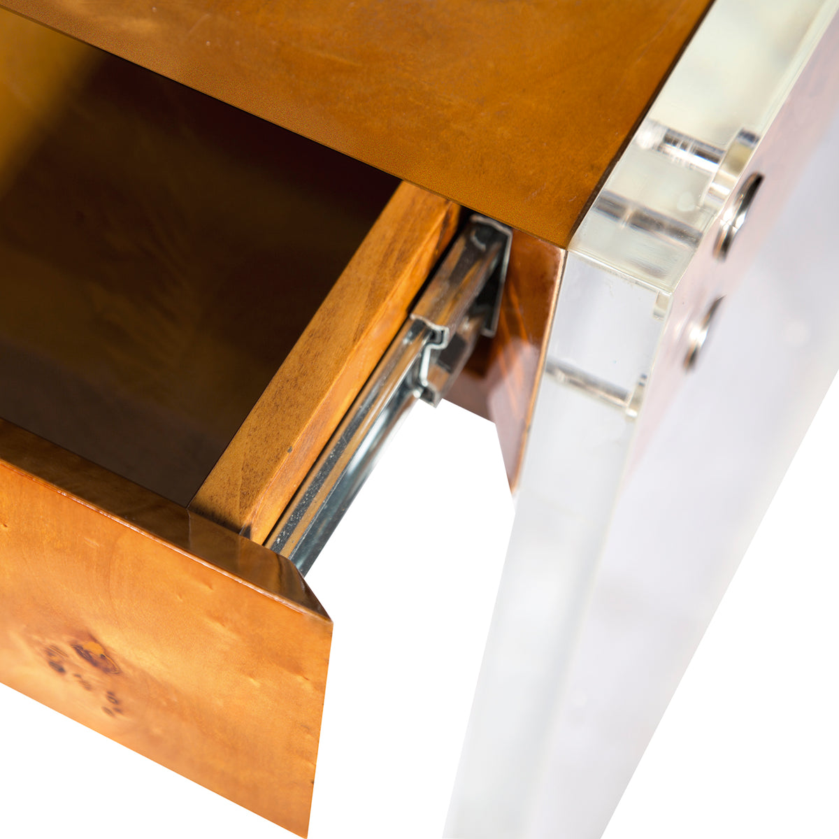 bond desk burl wood top clear acrylic frame - detail view 2