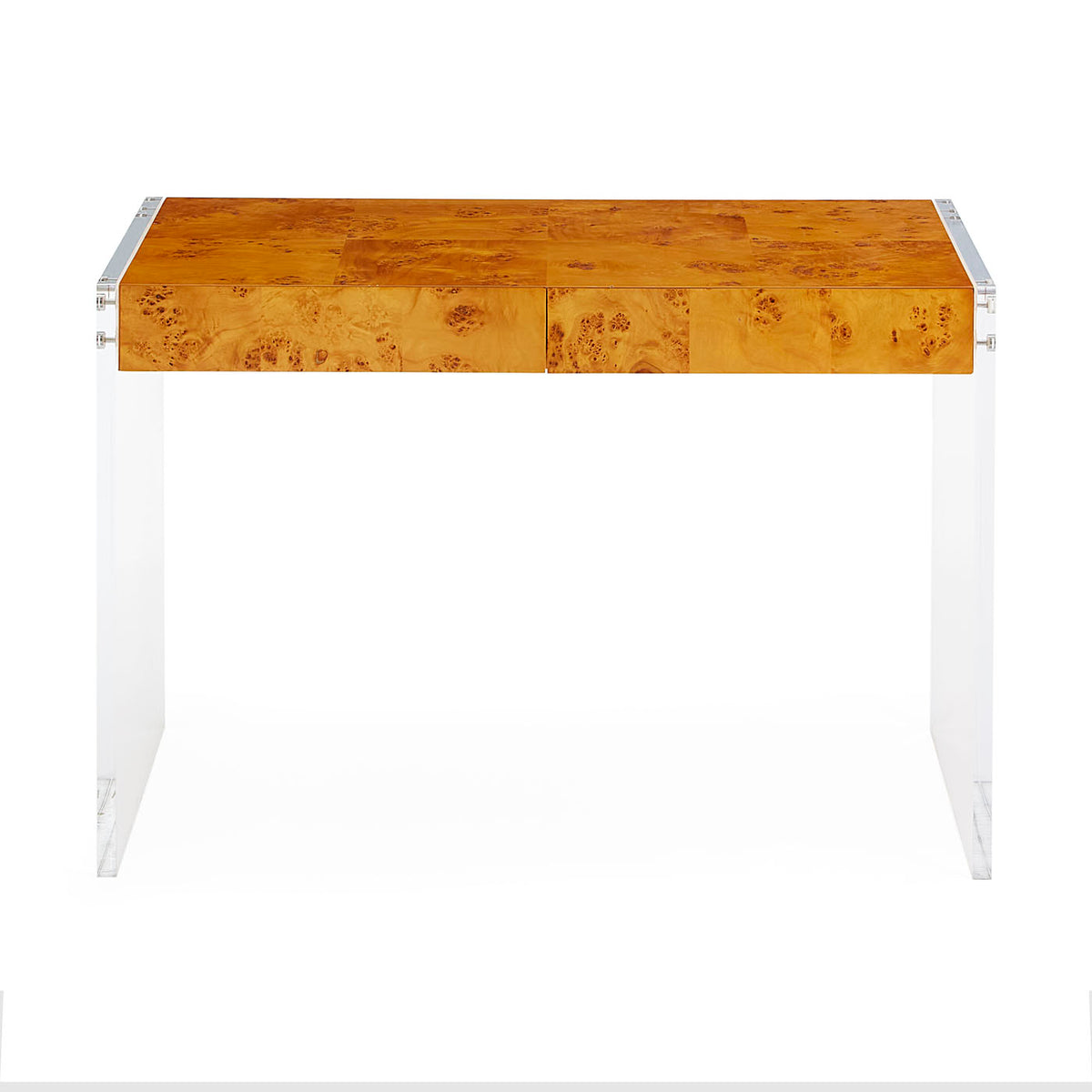 bond desk burl wood top clear acrylic frame - front view