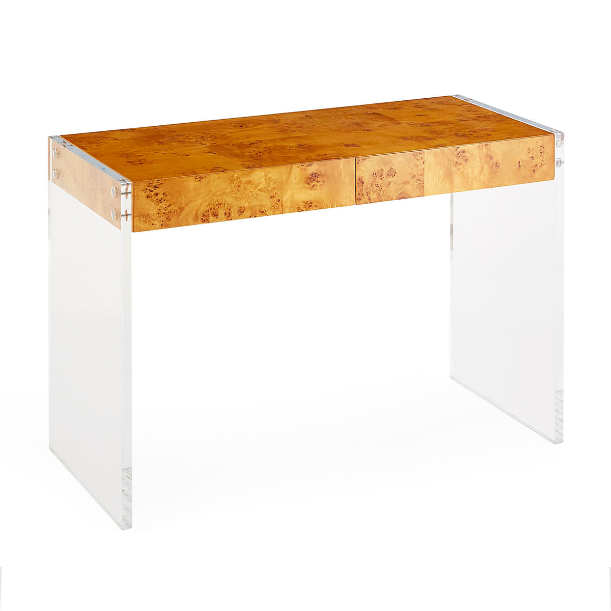 bond desk burl wood top clear acrylic frame - angle view