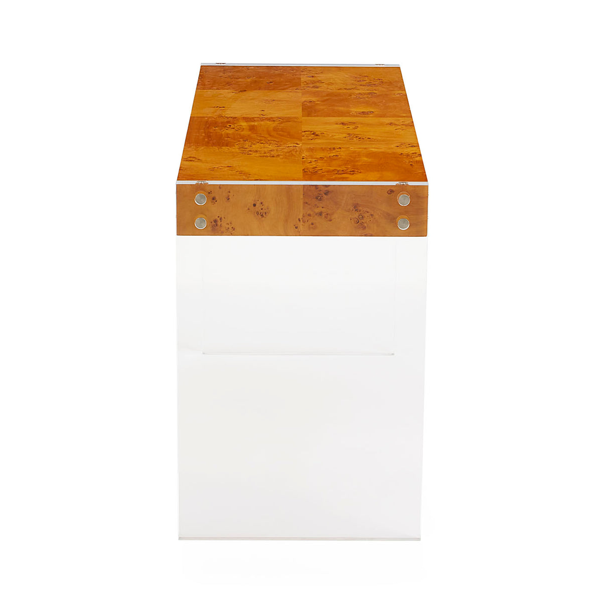 bond desk burl wood top clear acrylic frame - side view