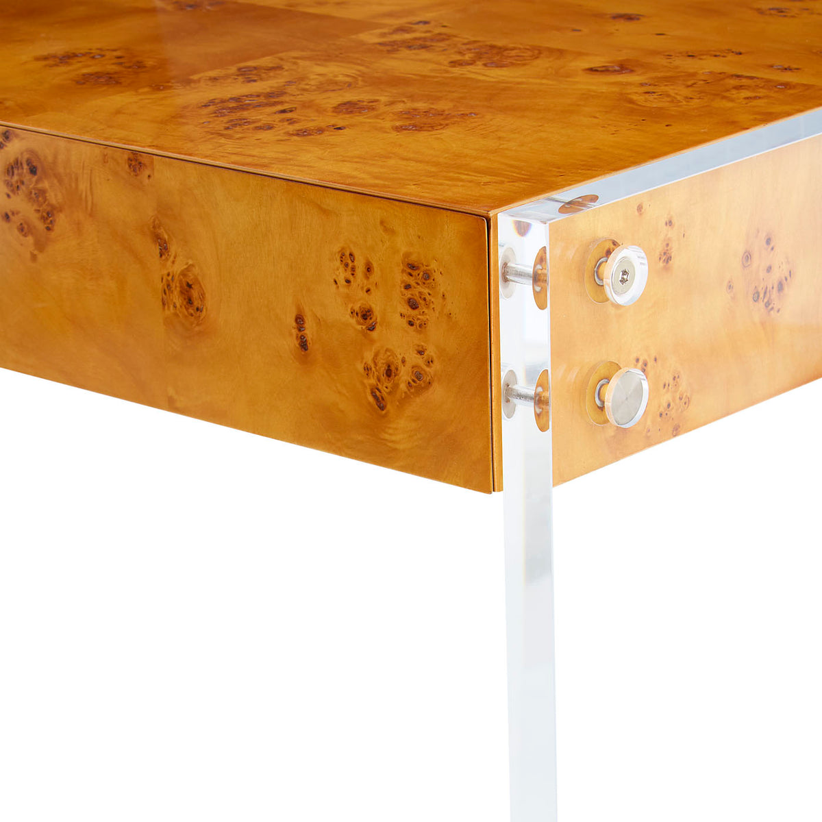 bond desk burl wood top clear acrylic frame - detail view 1