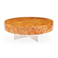 bond round cocktail table burled wood clear acrylic base - detail view