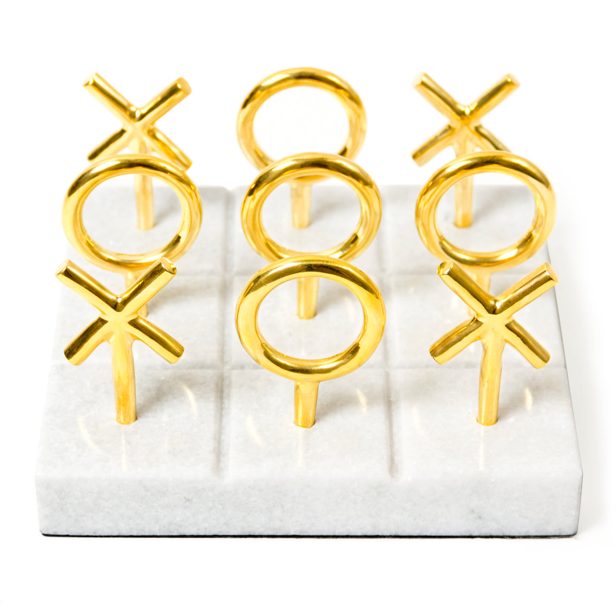 brass tic-tac-toe set marble base - front view