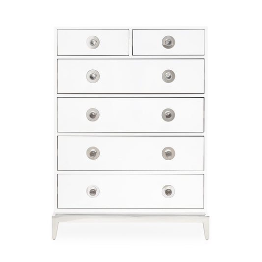 channing six-drawer chest white lacquer nickel frame clear acrylic handles - front view