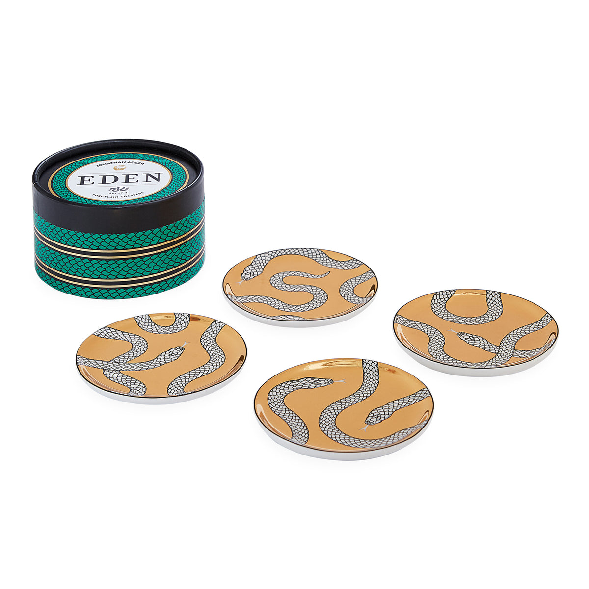 eden coasters porcelain gold black white with box - angle view