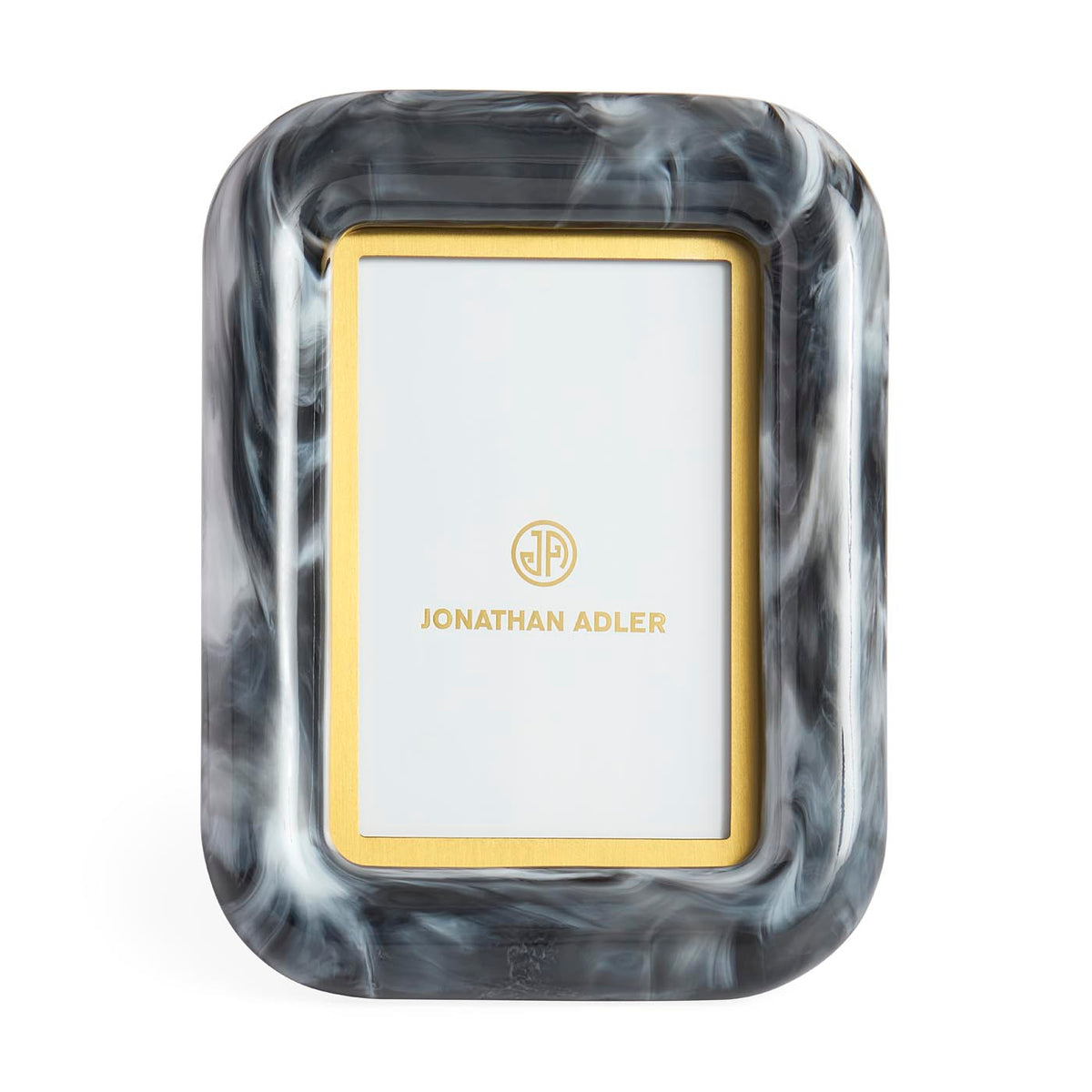 Marble-patterned picture frame with gold border and 'Jonathan Adler' logo on a white background
