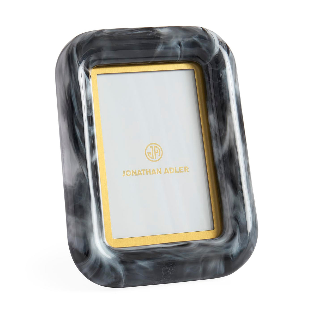 Marble-patterned photo frame with gold border on a white background