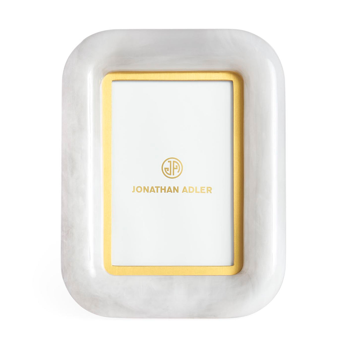 White rectangular dish with gold border and 'Jonathan Adler' logo on a white background