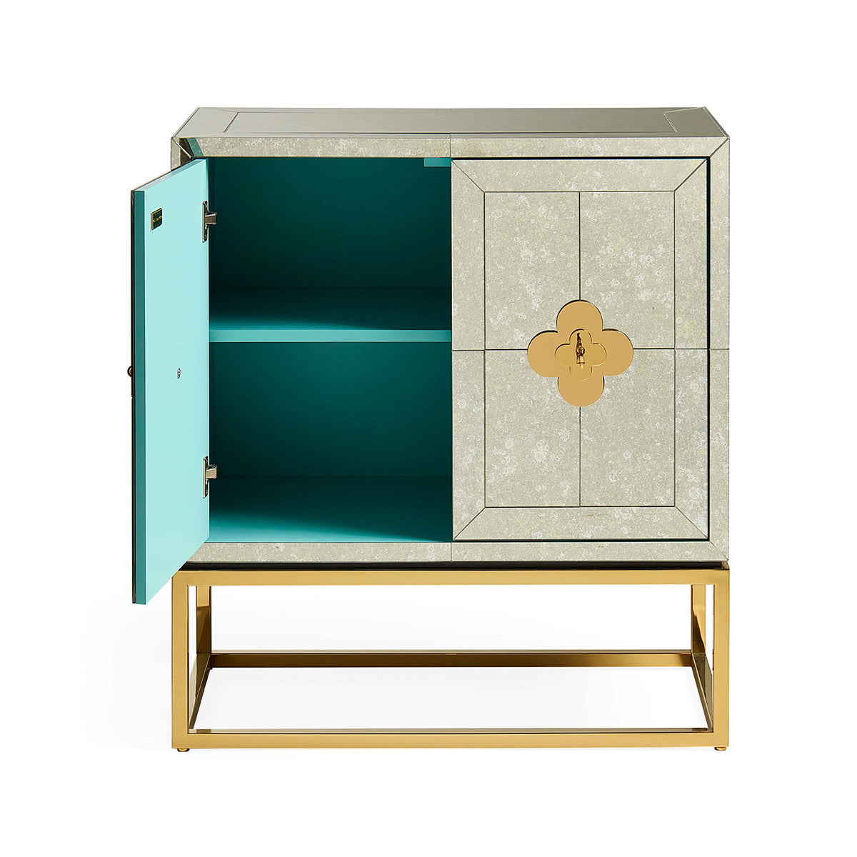 Decorative cabinet with gold frame, teal interior, and floral lock on a white background