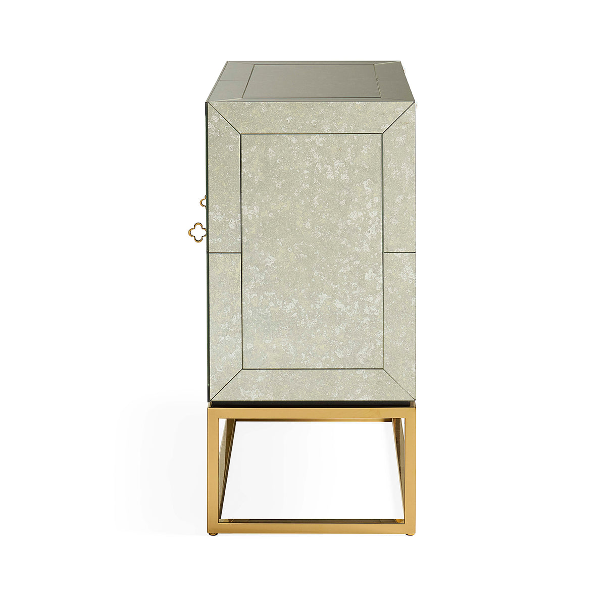Decorative cabinet with gold base and speckled pattern on a white background
