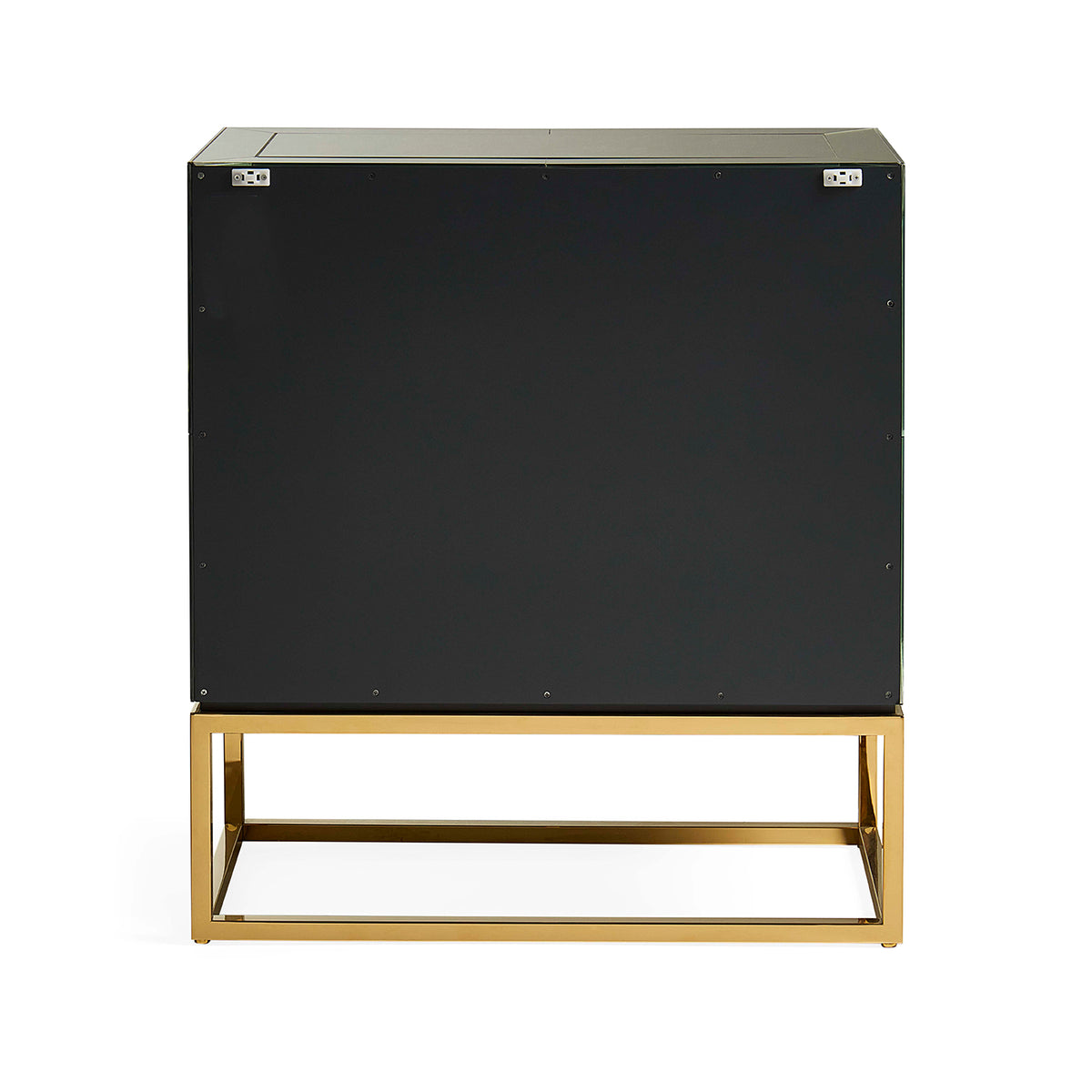 Black cabinet with gold base on a white background