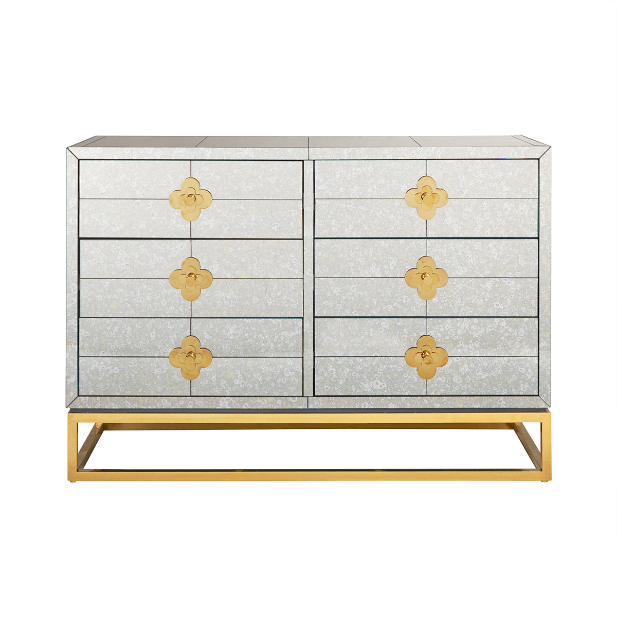 delphine six-drawer dresser antiqued mirror brass base - front view