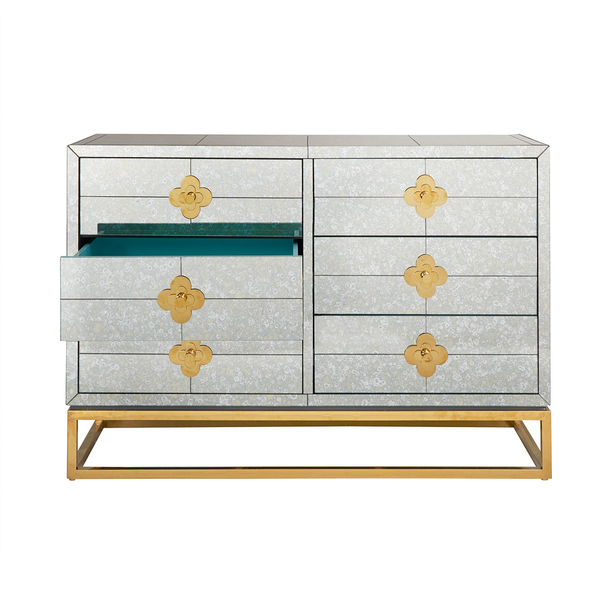 delphine six-drawer dresser antiqued mirror brass base - detail view