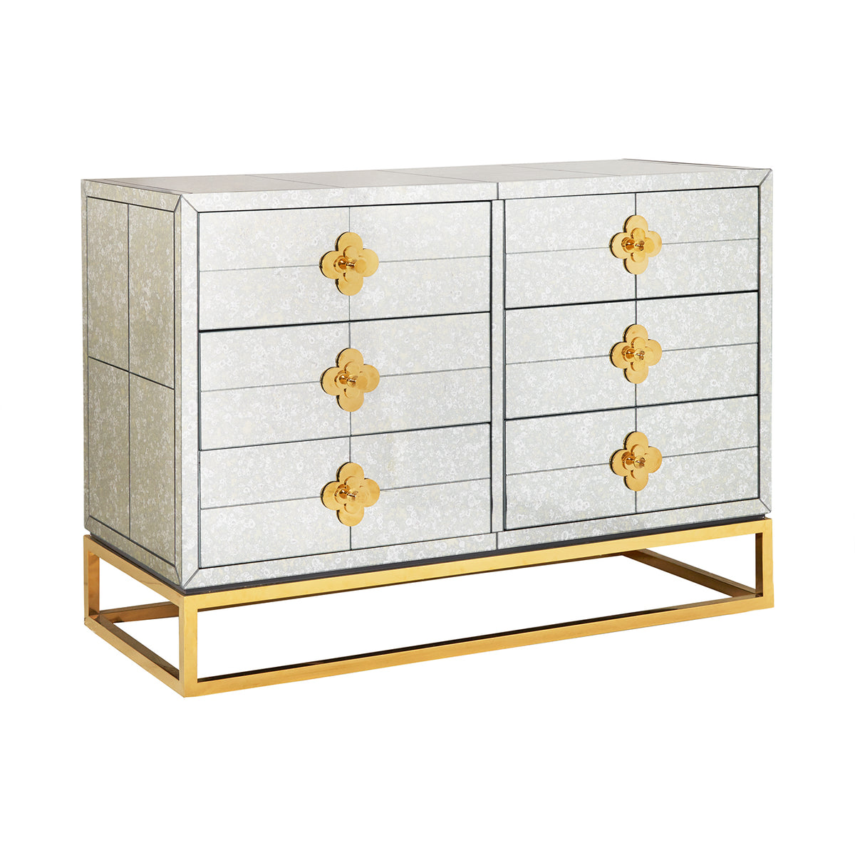 delphine six-drawer dresser antiqued mirror brass base - side view