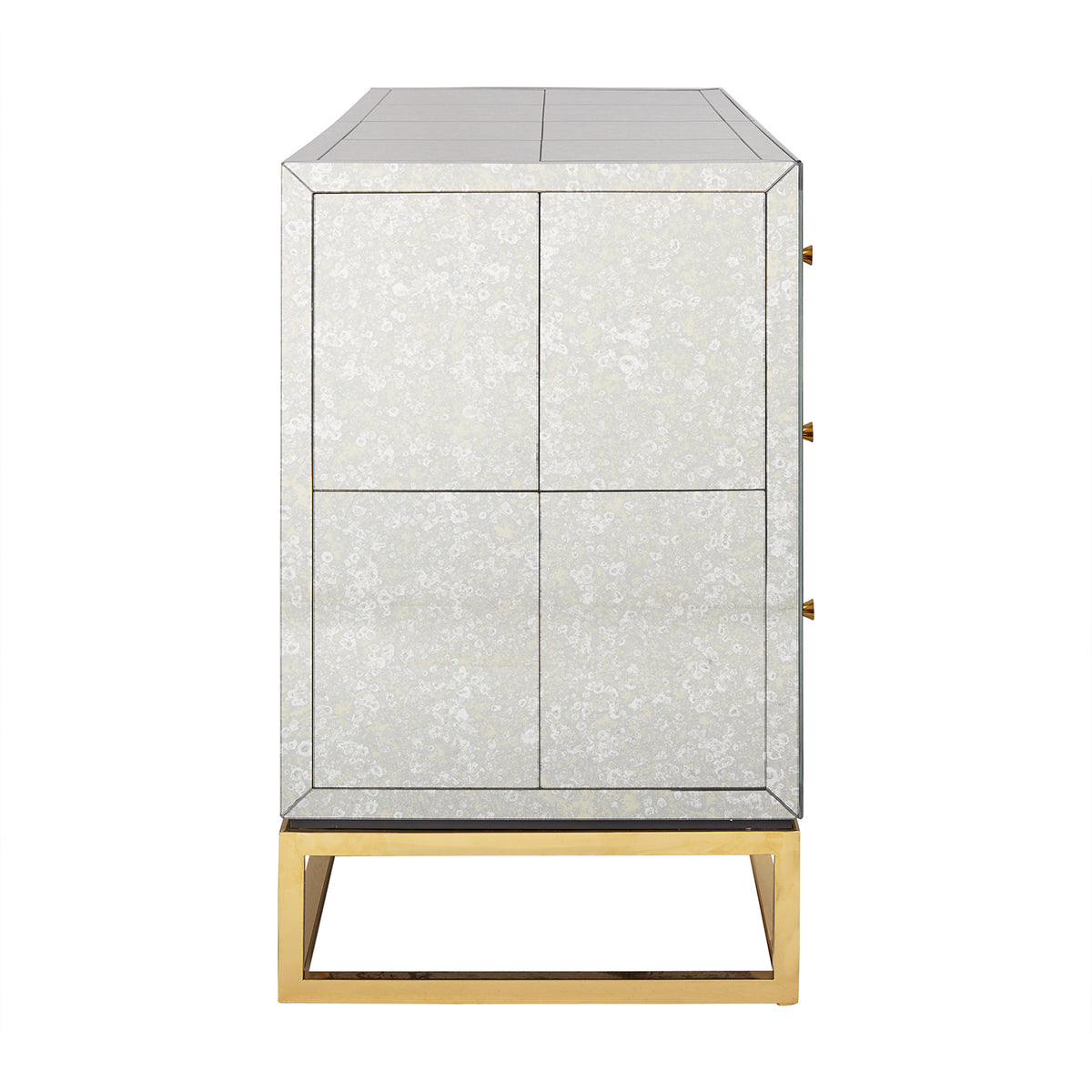 delphine six-drawer dresser antiqued mirror brass base - open front view