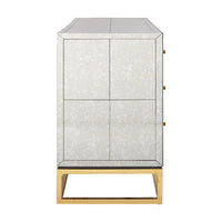 delphine six-drawer dresser antiqued mirror brass base - open front view