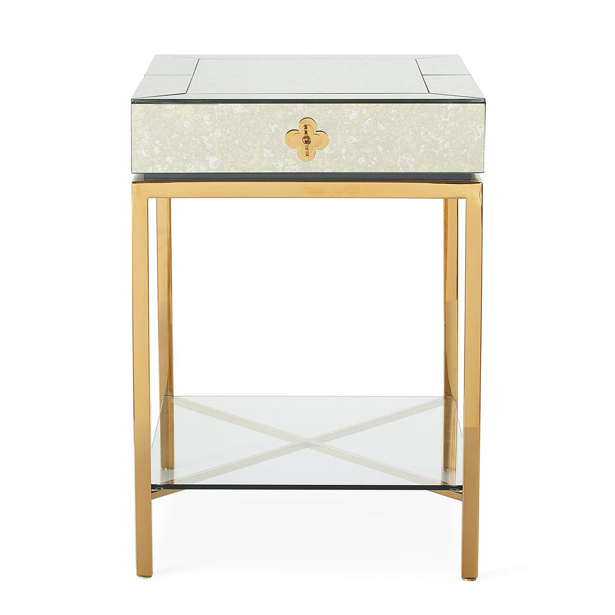 delphine tall side table antiqued mirror brass frame - front view
