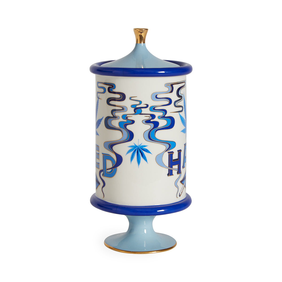 druggist weed canister porcelain blue accents gold - view 2