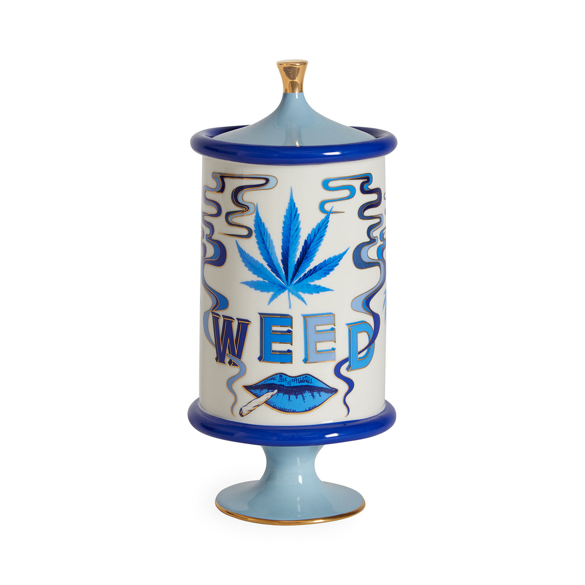 druggist weed canister porcelain blue accents gold - view 1