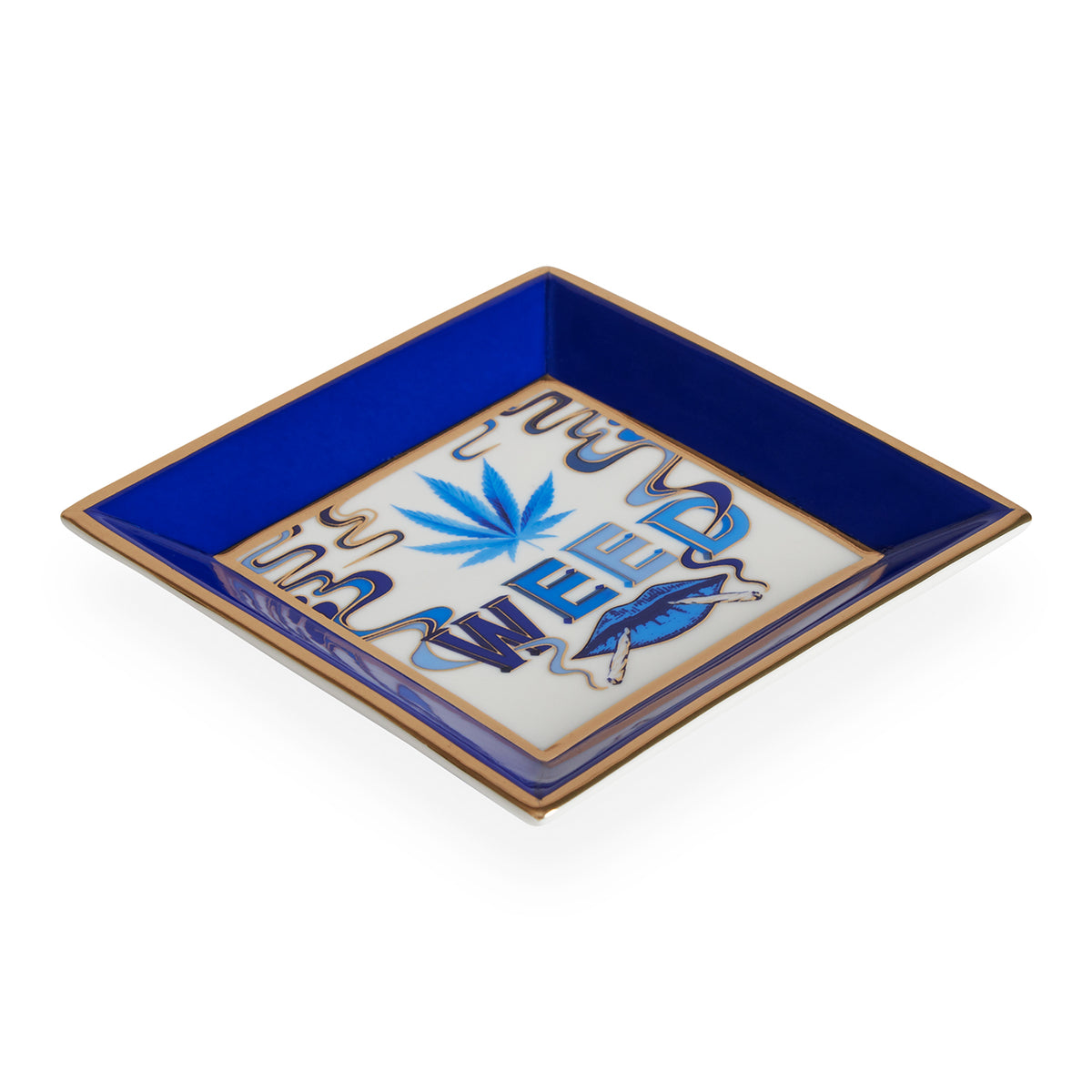 druggist weed square tray porcelain blue accents gold - front view