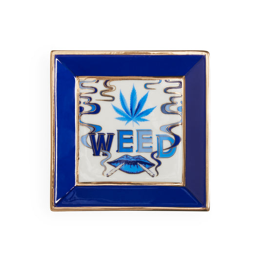druggist weed square tray porcelain blue accents gold - top view
