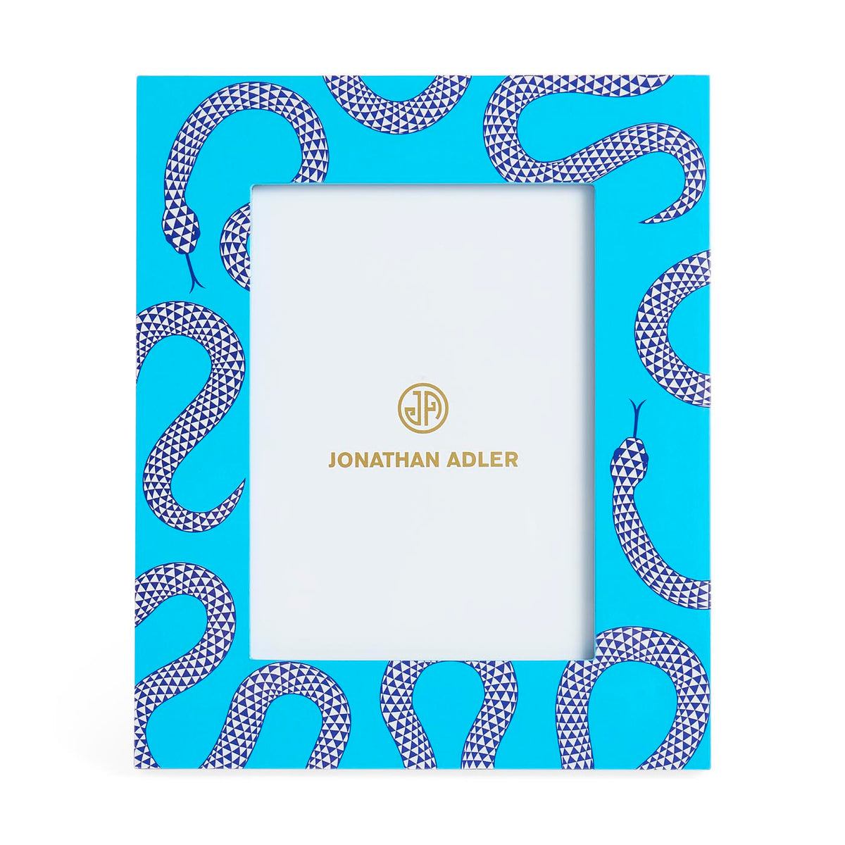 Blue frame with snake pattern and Jonathan Adler logo