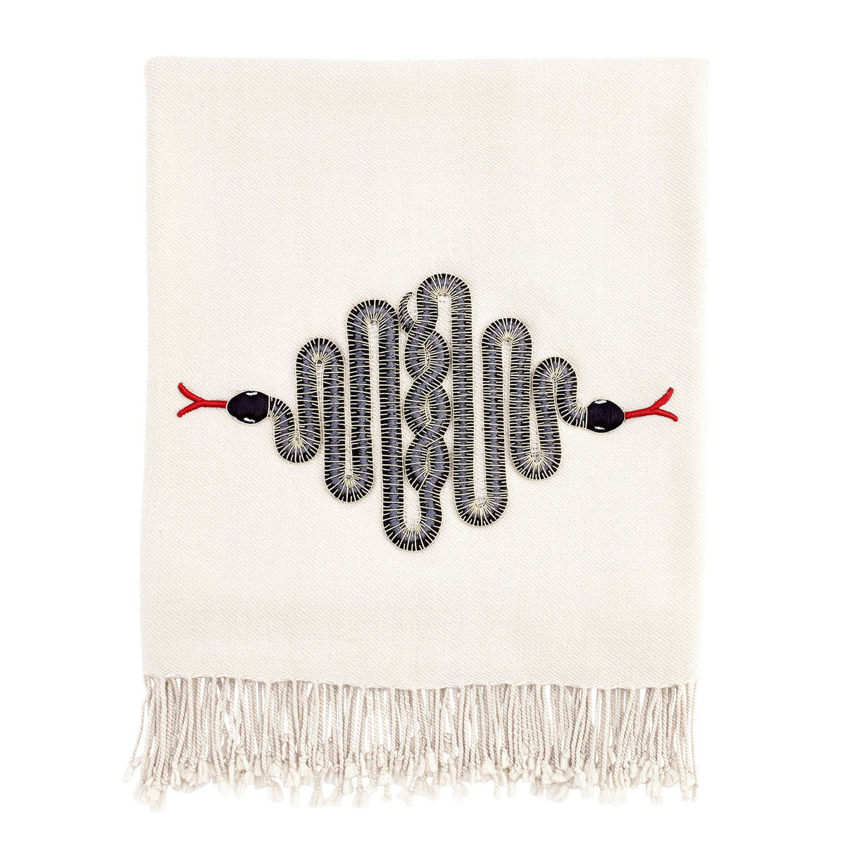 snake embellished throw camel hair wool white glass beads black - front view