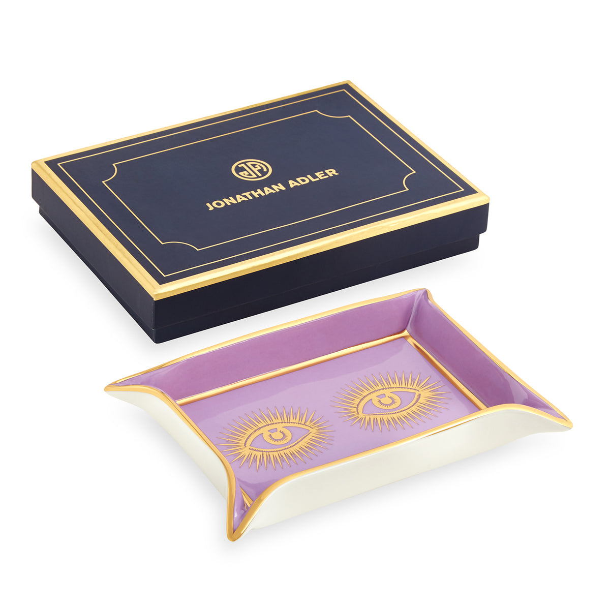 eyes valet tray porcelain purple accents gold with box - angle view