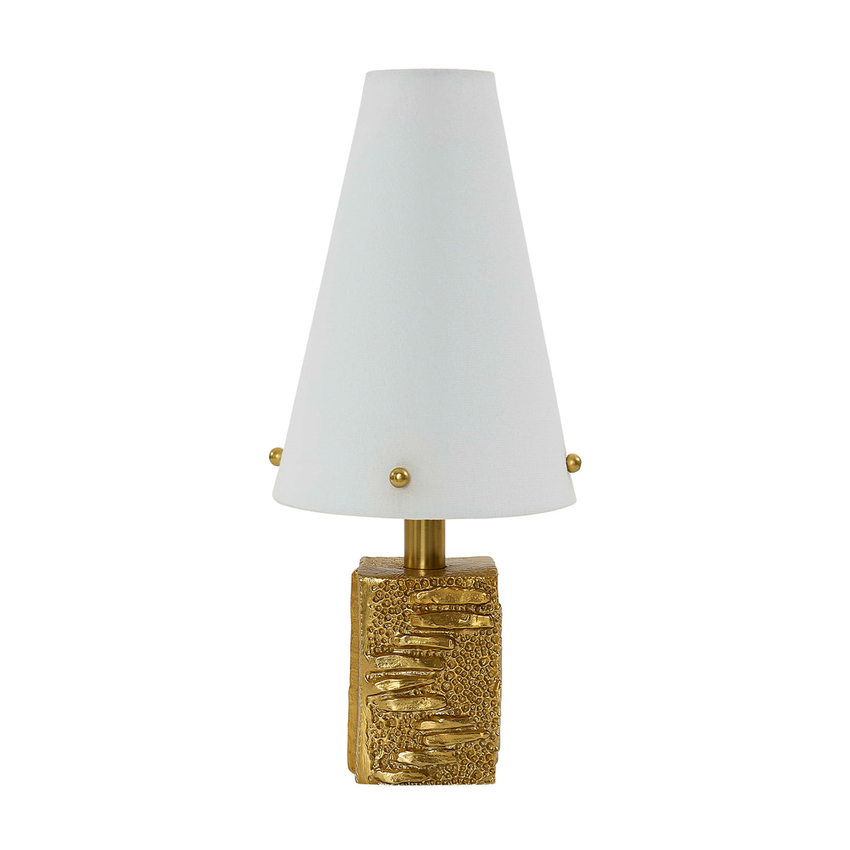 Table lamp with gold base and white shade on a white background