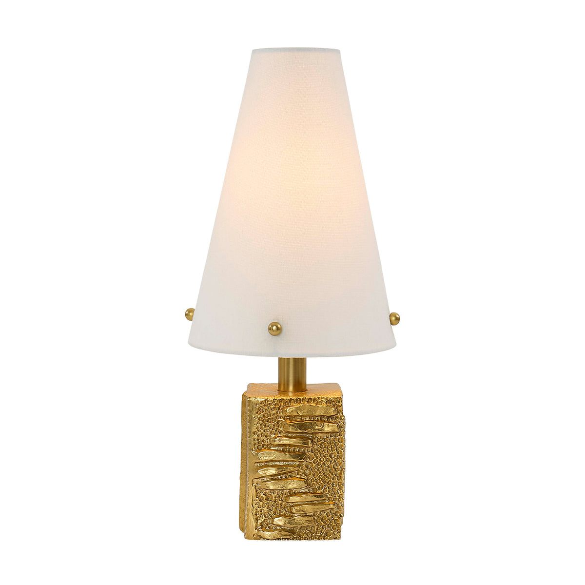 Table lamp with gold base and white shade on a white background