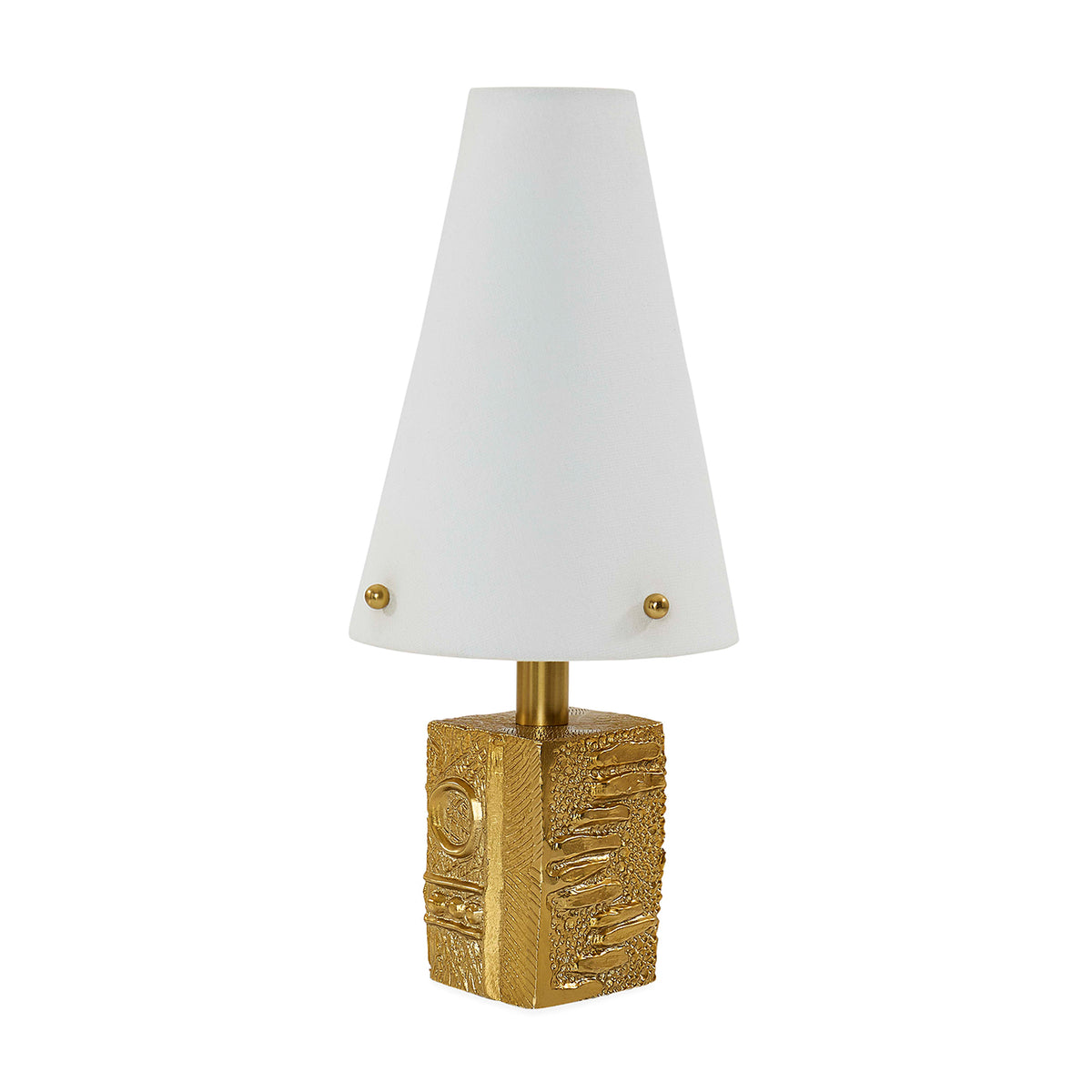 Table lamp with gold base and white shade on a white background