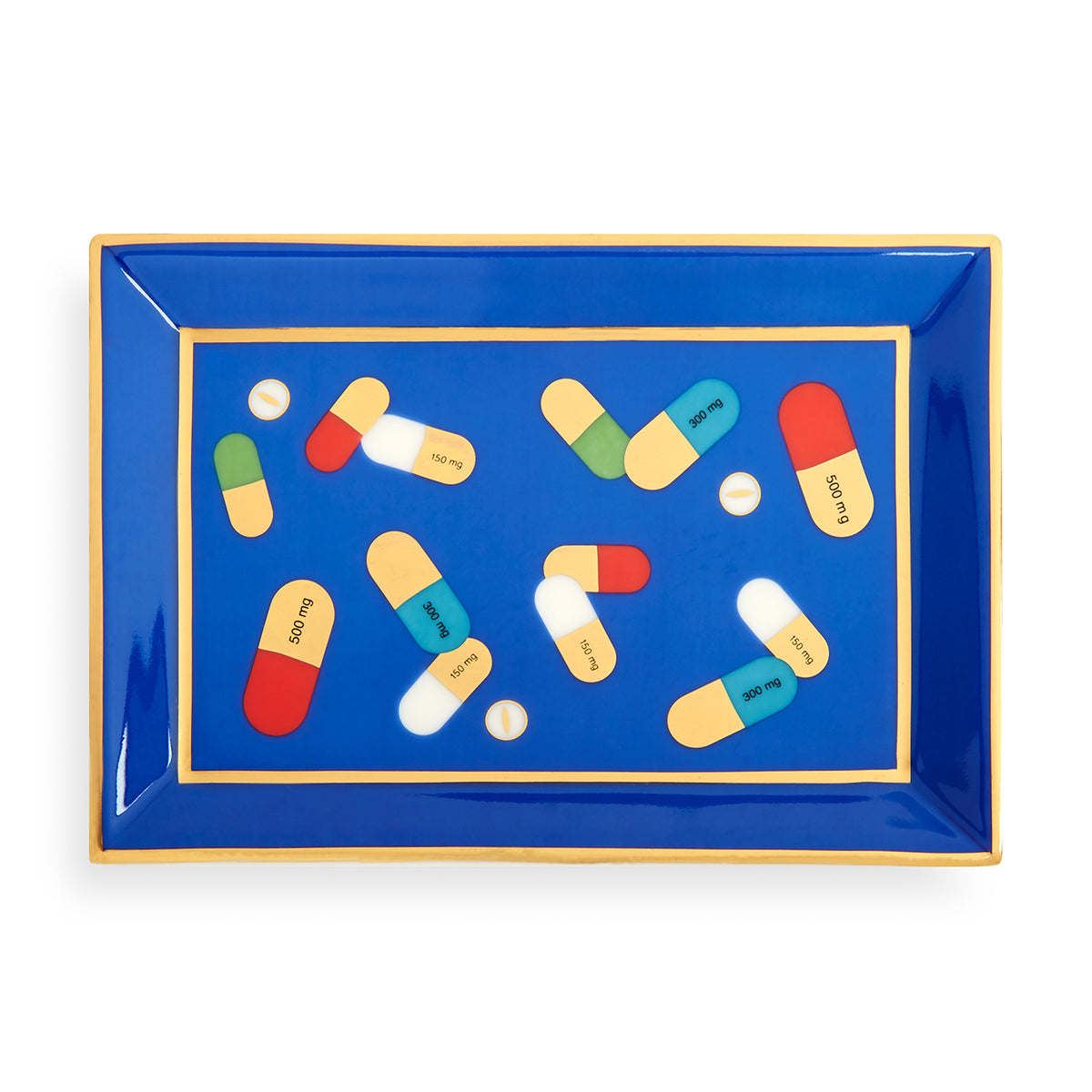 full dose rectangle tray porcelain blue multicolor accents gold - top view