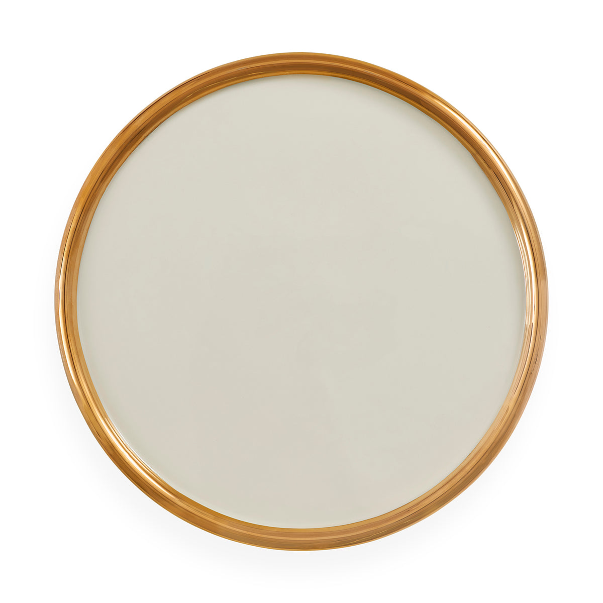 A round wall mirror with a slim, polished gold frame, shown from a top-down perspective on a clean white background.
