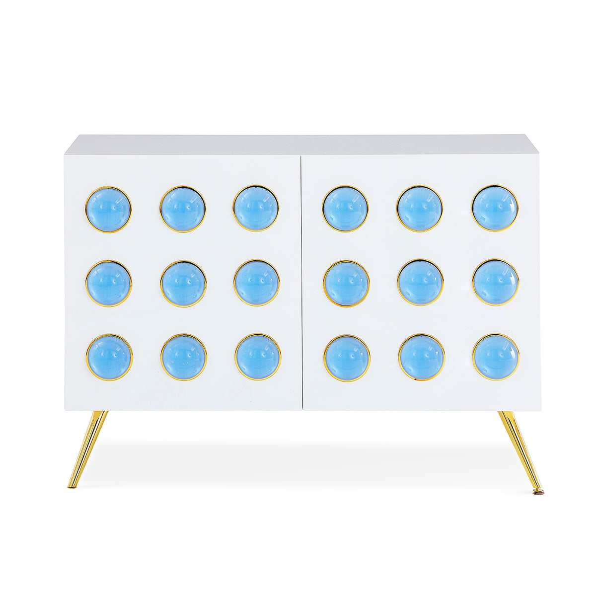 globo cabinet white lacquer blue acrylic globes brass legs - front view