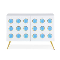 globo cabinet white lacquer blue acrylic globes brass legs - front view
