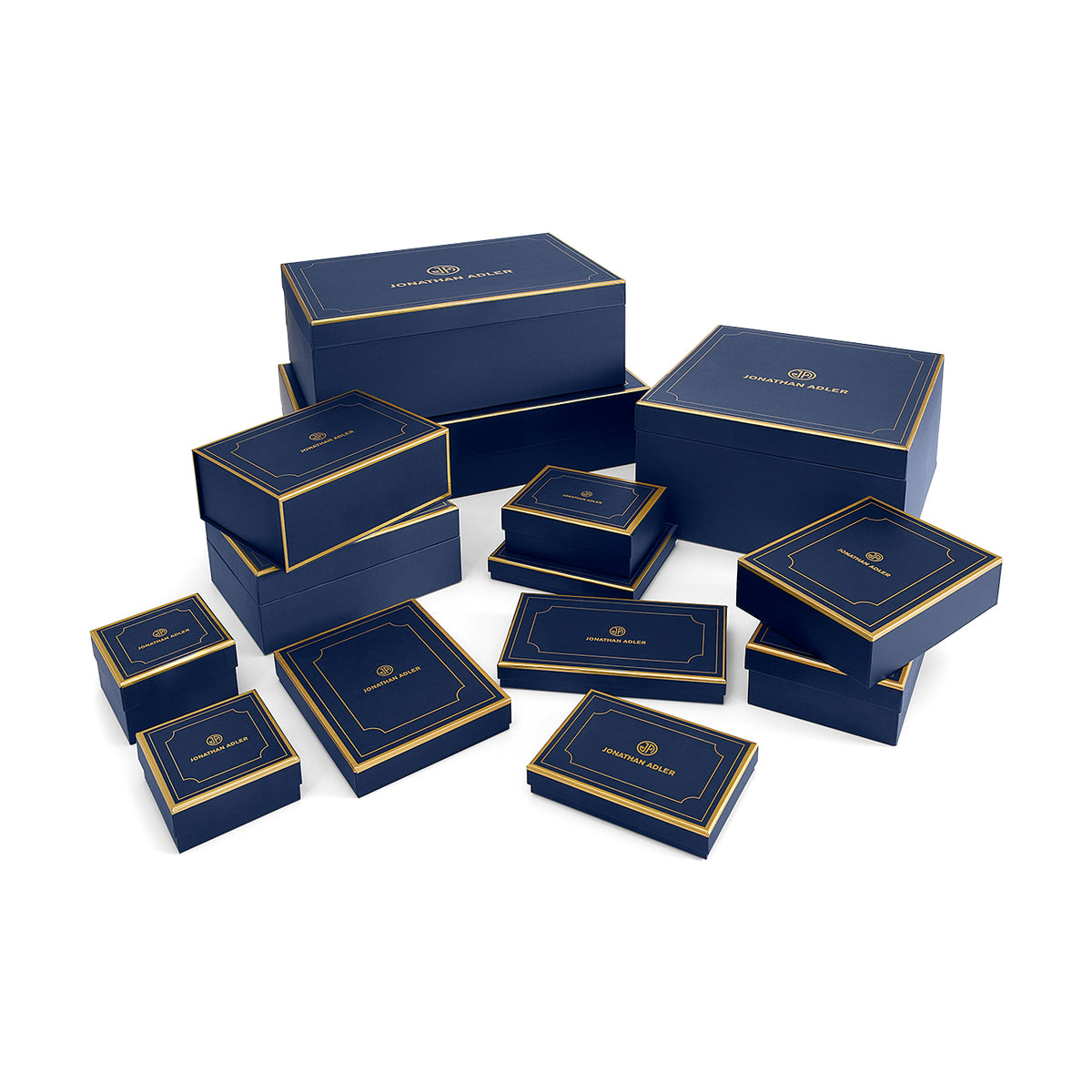 Set of blue boxes with gold accents on a white background